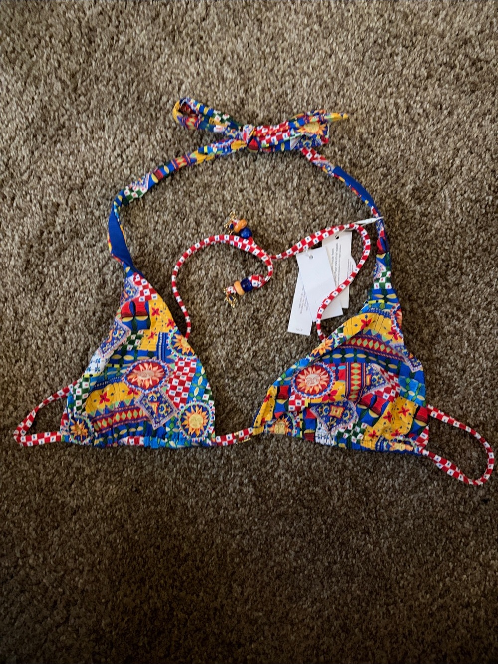 Girls Multicolor Patterned Triangle Bikini Top - Bright Blue & Yellow
